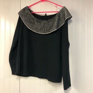Rafaella Black Long Sleeve with Patterned Collar 1X Off Shoulder